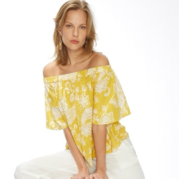 Chico’s Linen Paisley Off-Shoulder Top Women’s Size L Lightweight Boho Yellow - Picture 11 of 11